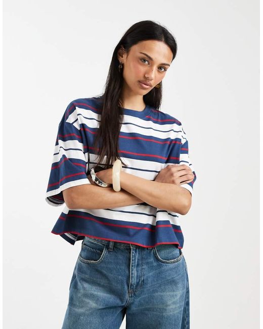 ASOS Blue Boxy Cropped T-shirt Red & Navy Stripe