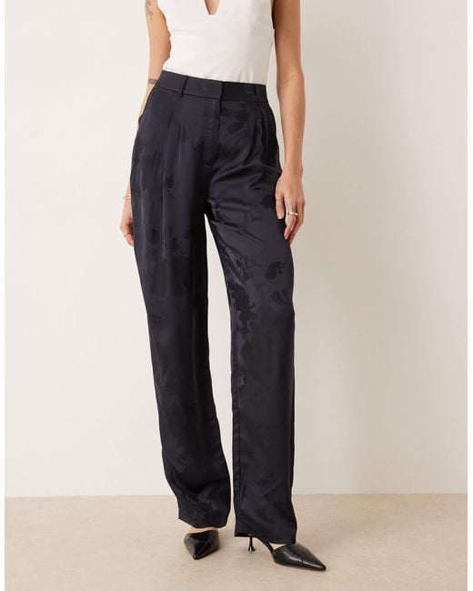 ASOS Blue Asos Design Tall Tailored High Waist Straight Leg Satin Jacquard Trousers