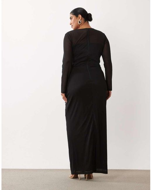 Tfnc Plus Black Mesh Overlay Jersey Long Sleeve Maxi Dress
