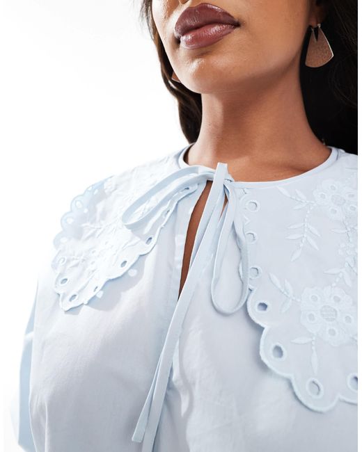 ASOS Blue Asos Design Curve Short Sleeve Smock Top With Eyelet Collar