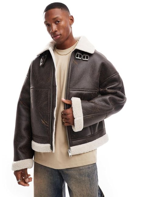 Bershka Gray Faux Leather Washed Jacket With Shearling for men