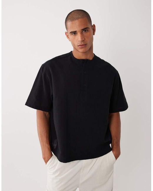 ASOS Black Boxy Linen Look Overhead Henley Shirt for men