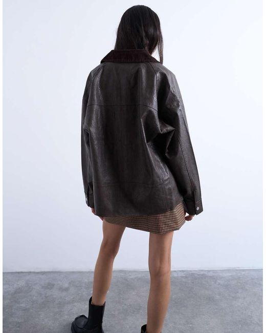 TOPSHOP Brown Faux Leather Cord Collar Jacket
