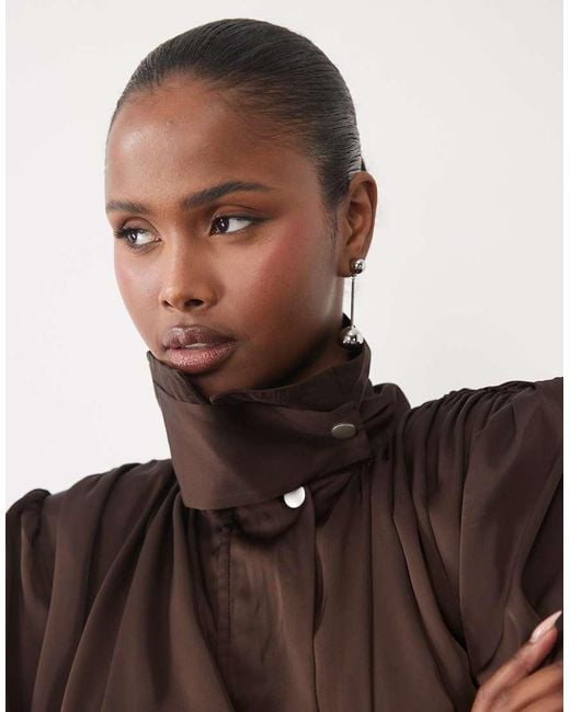 Noughts & Kisses Brown Satin High Neck Extreme Drape Balloon Sleeve Playsuit