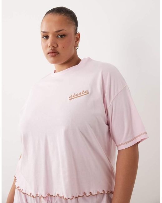 ASOS Pink Asos Design Curve Embroidered Siesta Slogan Short Sleeve Tee And Short Pyjama Set With Lettuce Edge