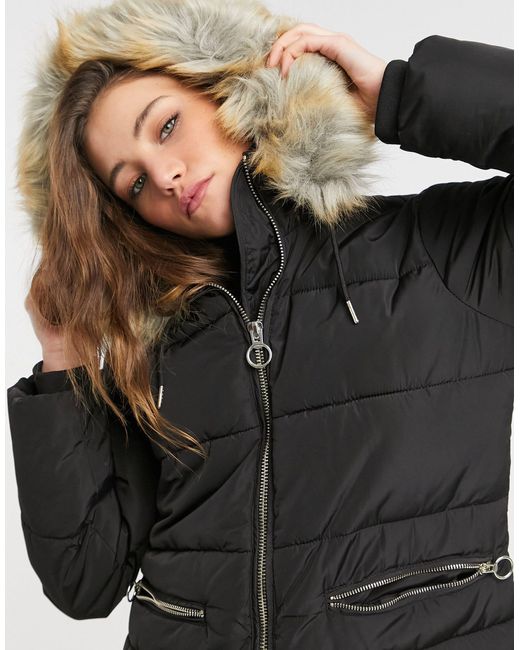TOPSHOP Faux Fur Hooded Coat in Black | Lyst