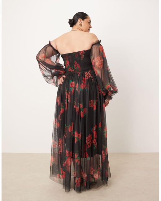 Lace & Beads Plus Multicolor Off Shoulder Balloon Sleeve Tulle Maxi Dress