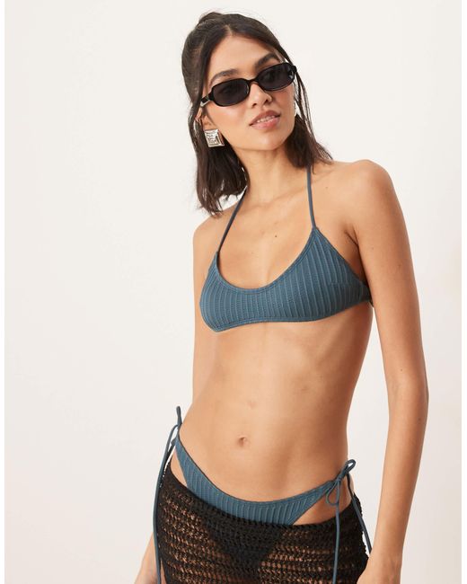 ASOS Blue Riddy Rib Scoop Halter Bikini Top