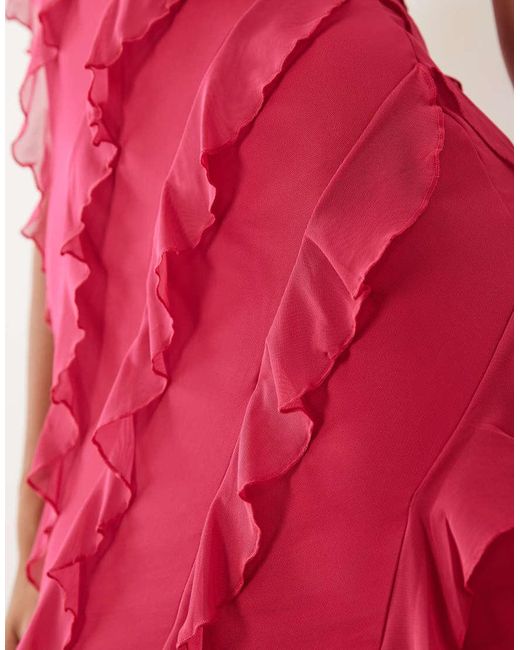 Oh Polly Red Bandeau Asymmetric Frill Trim Mini Dress