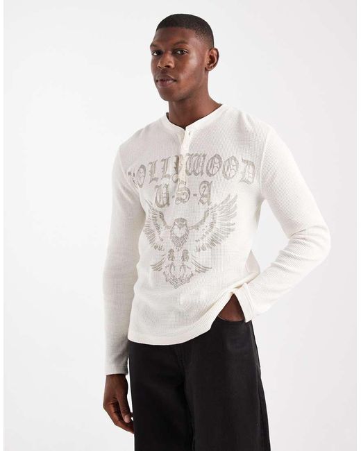 Hollister White Long Sleeve Button Detail Graphic T-shirt for men