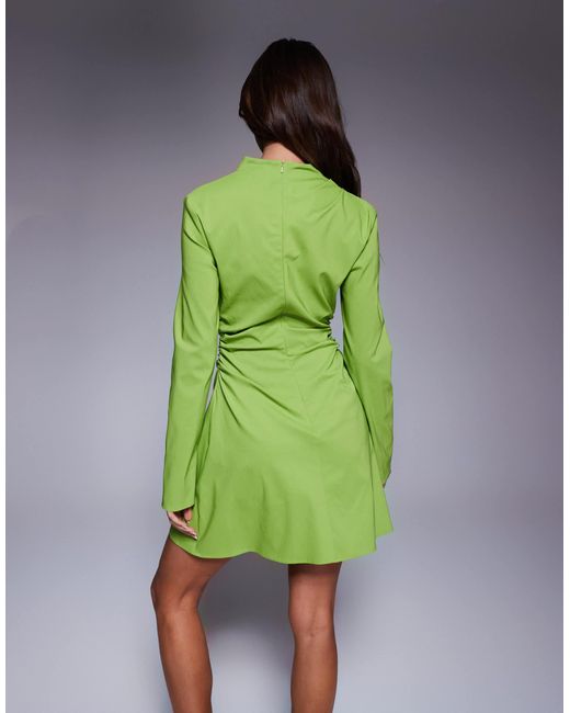 ASOS Green Bengaline High Neck Long Sleeve Mini Dress With Ruching Detail