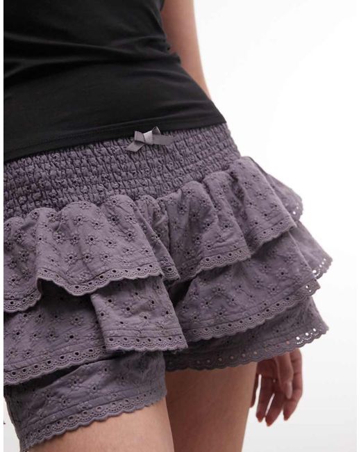 Daisy Street Black Low Rise Shirred Broderie Mini Rara Shorts