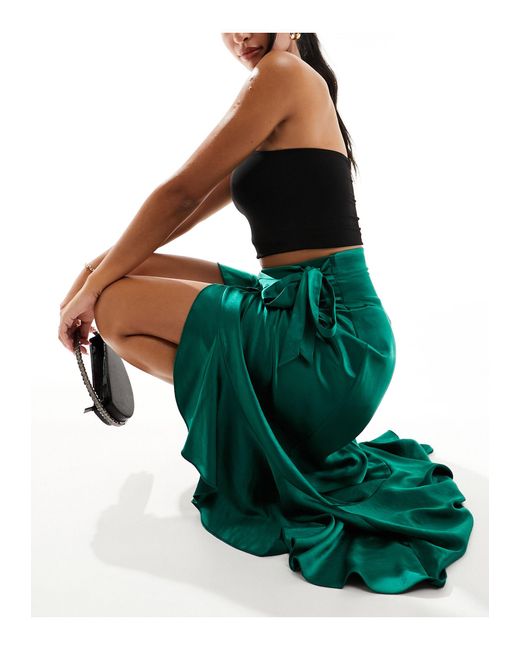 Flounce London Green Satin Wrap Midaxi Skirt
