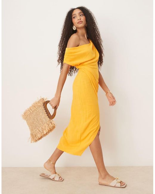 ASOS Yellow Linen Mix Fallen Twist Shoulder Wrap Skirt Detail Midi Dress