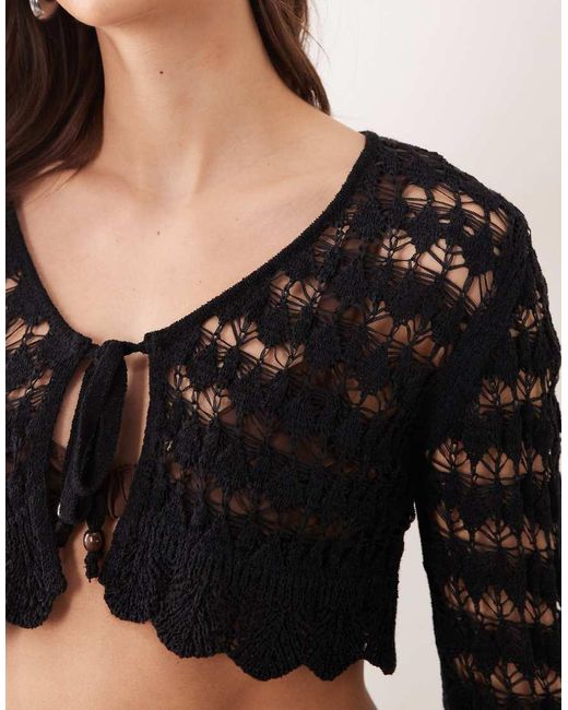 Miss Selfridge Black Crochet Long Sleeve Tie Front Cardigan