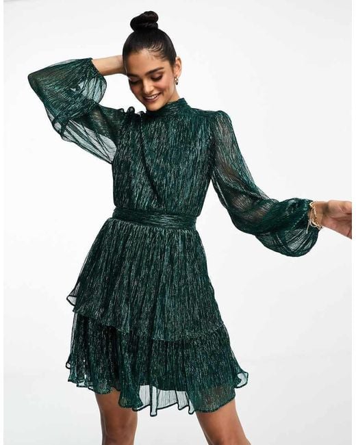 Forever New Tiered Metallic Plisse Mini Dress in Green | Lyst UK Forever New Tiered Metallic Plisse Mini Dress in Green | Lyst UK