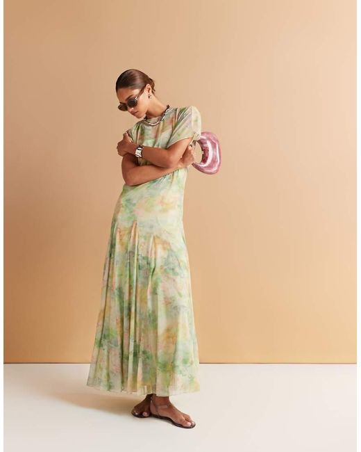 ASOS Natural Asym Sleeve Maxi Dress With Godet Hem
