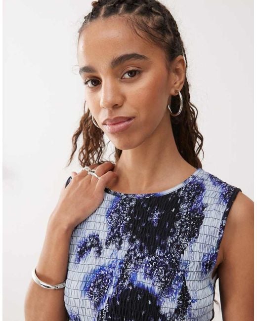Monki Blue Smock Shirred Sleeveless Tank With Frill Edge