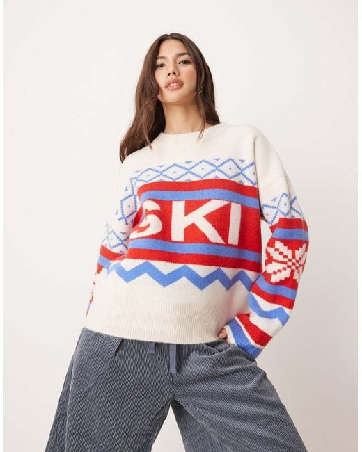 ASOS White Jumper With Stripe Ski Slogan