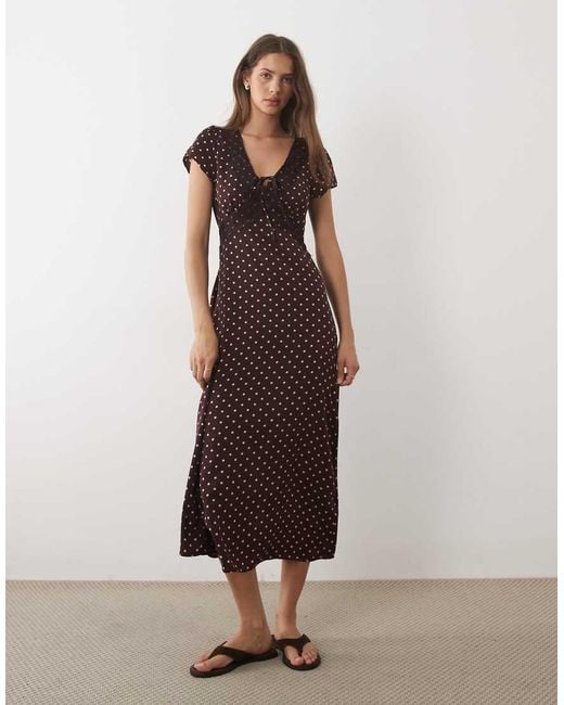 Brave Soul Brown Tie Front Midi Dress With Lace Detailing