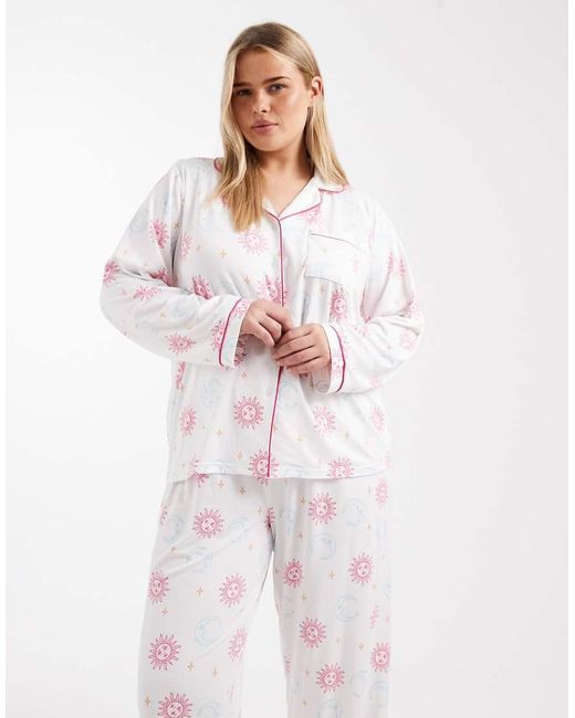 Loungeable White Curve Super Soft Jersey Revere Top And Wide Leg Pyjama Set