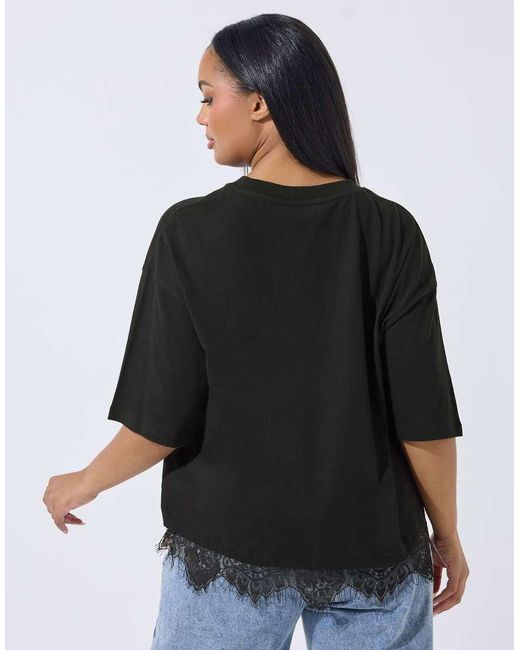 Yours Clothing Black Lace Hem T-Shirt