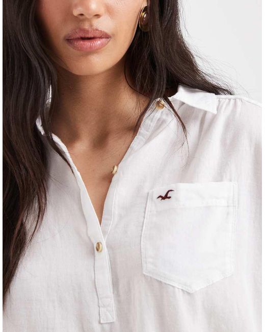 Hollister White Oversized 1/4 Button Up Shirt