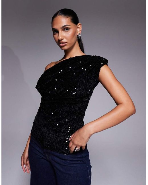 River Island Blue Velvet Sequin Draped Top
