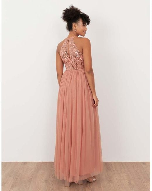 Maya Pink Linear Embellished Halter Neck Maxi Dress