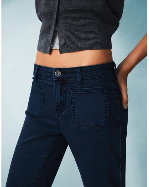 Bershka Blue Flare Trousers With Flaps And Pocket