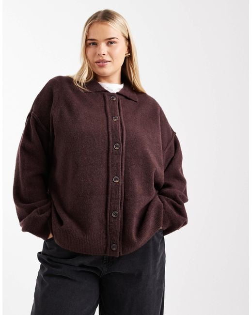 ASOS Brown Asos Design Curve Knitted Collar Shirt Cardigan With Seam Detail