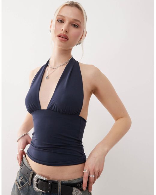 Weekday Blue Aline Deep Halter Neck Top