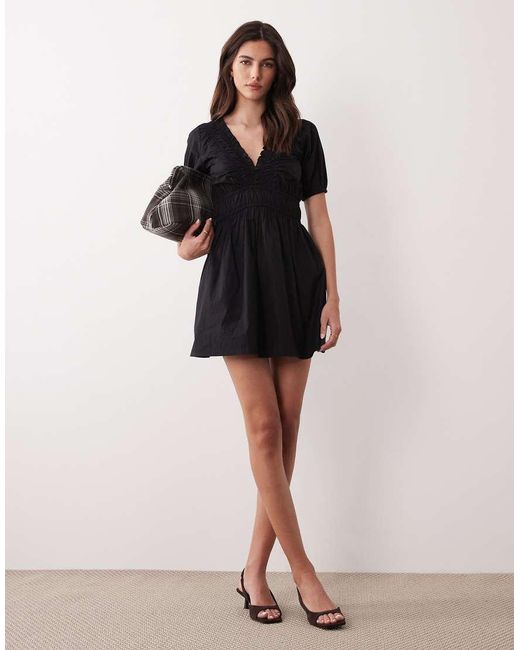 Nobody's Child Black Madison Puff Sleeve Shirred Cotton Mini Dress