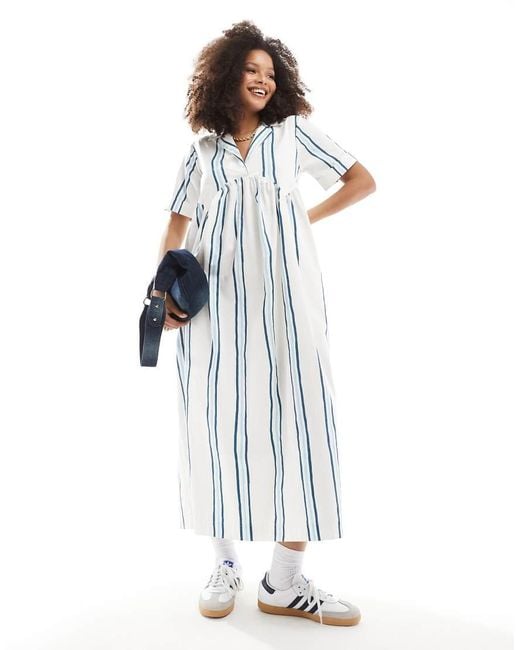 ASOS Blue Midi Shirt Dress With Revere Collar And Corset Hem