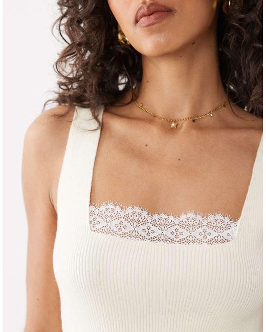 Miss Selfridge White Ribbed Knit Sleeveless Tank Top With Lace Trim