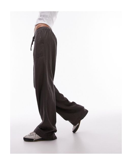 Pantalon droit taille basse en lin avec cordon à la taille - anthracite TOPSHOP en coloris Black