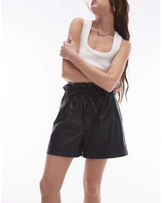 TOPSHOP Black Faux Leather Paperbag Shorts