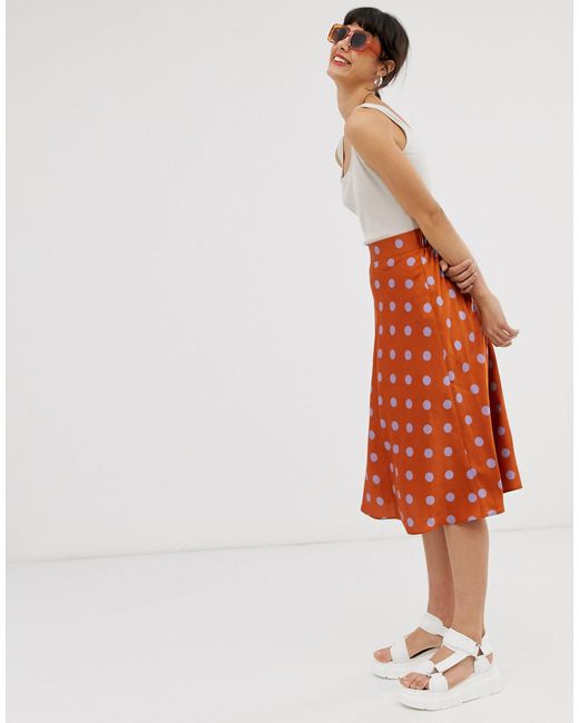 Monki Orange Polka Dot Satin Midi Skirt