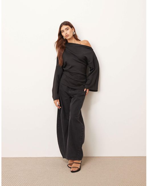 ARRANGE Black Jersey Off The Shoulder Wide Sleeves Top With Ruched Hem