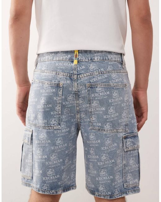ICECREAM Blue Ice Cream Repeat Running Dog Print Co-ord Denim Shorts for men