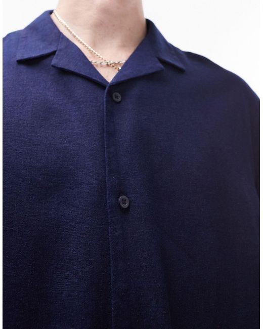 Topman – kurzärmliges, kastiges hemd aus leinenmix in Blue für Herren