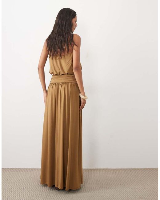 ASOS Natural Blouson Bandeau Maxi Split Front Dress