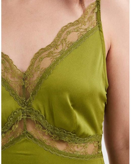 Only Petite Green Satin Feel Maxi Dress With Lace Detail