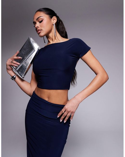 Kaiia Blue Exclusive Double Layered Slinky Boatneck Low Back Crop Top Co-ord