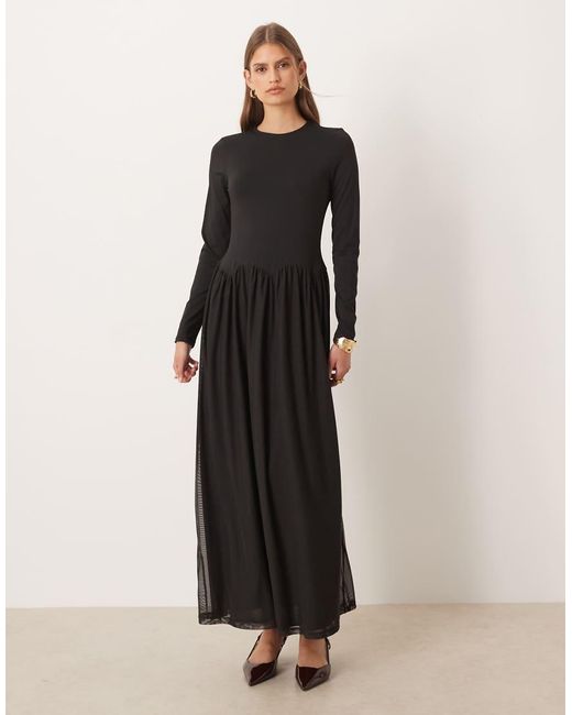 ASOS Black Slash Neck Hybrid Scalloped Waist Detail Midi Dress