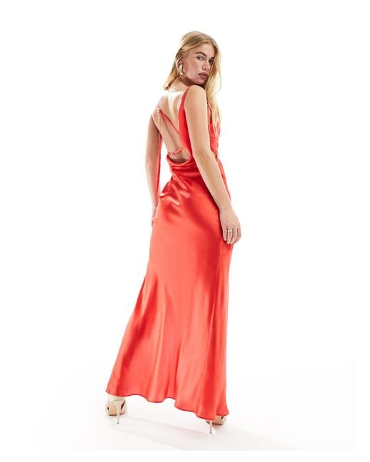 ASOS Red Satin Cowl Neck Bias Maxi Dress With Buckle Detail And Cut Out