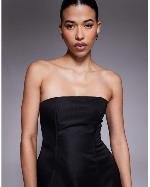 Aria Cove Black Satin Seam Detail Structured Bandeau Mini Dress