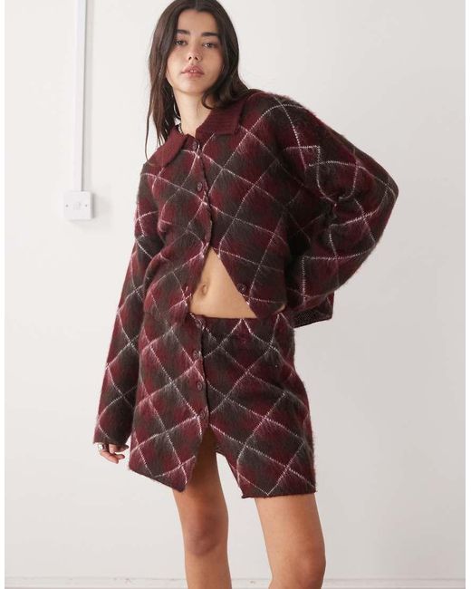 The Ragged Priest Red Argyle Button Up Mini Skirt