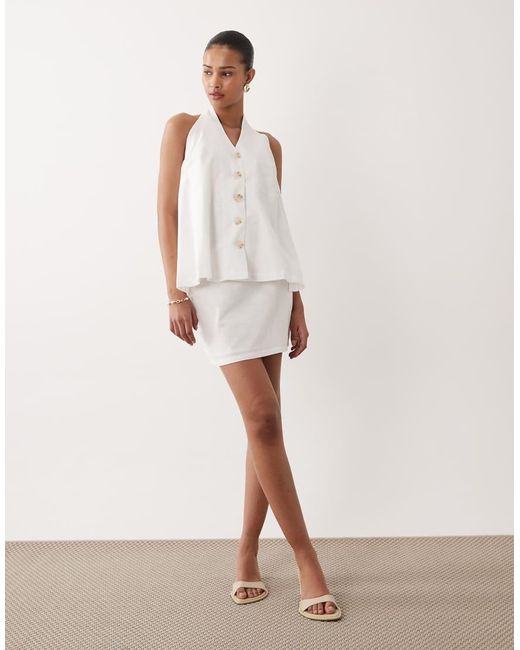 SNDY'S White Cotton & Linen Blend Halterneck Button Through Longline Sleeveless Top Co-ord