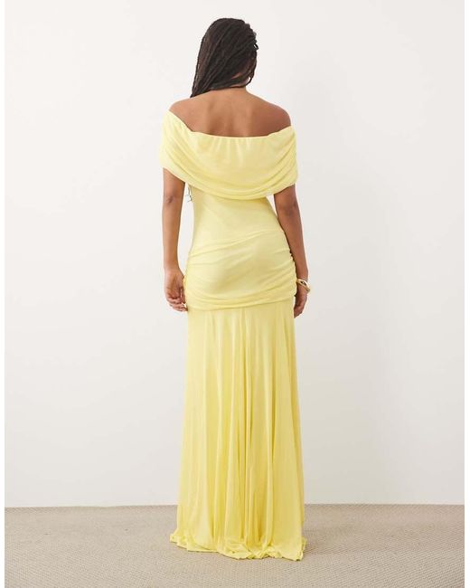 ASOS Yellow Mesh Off Shoulder Cinched Dropped Waist Maxi Dress With High Godet Detail